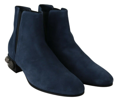 Blue Suede Embellished Studded Boots Shoes