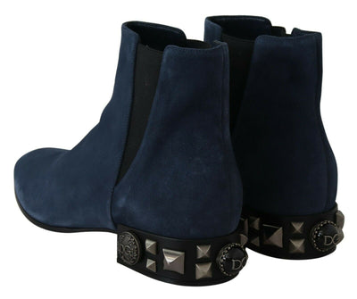 Blue Suede Embellished Studded Boots Shoes