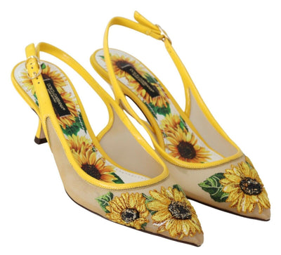 Yellow Sunflower Mesh Heels Slingback Shoes