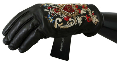 Black Genuine Leather DG Heart Embroidered Gloves