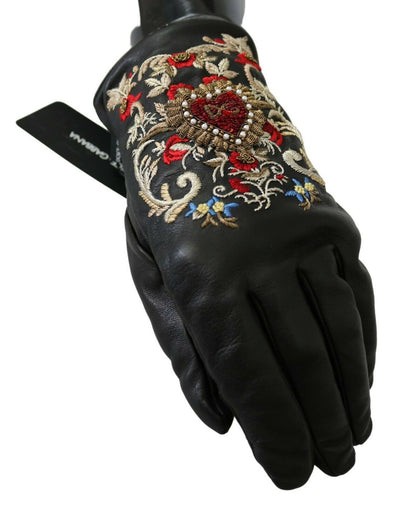 Black Genuine Leather DG Heart Embroidered Gloves