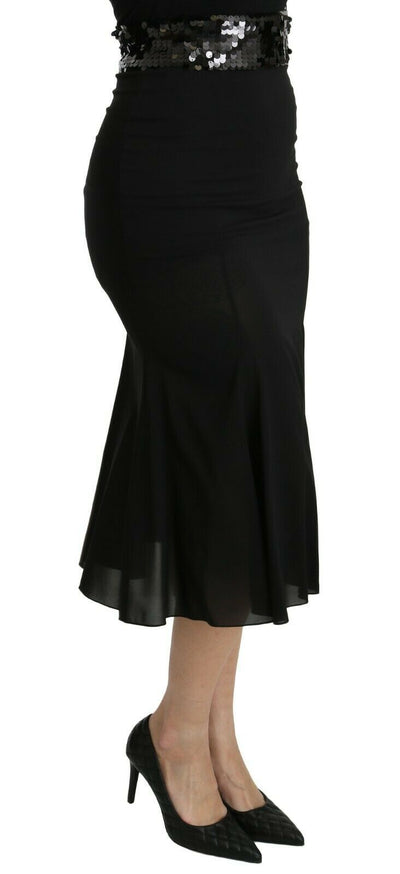 Black Mermaid High Waist Midi Silk Skirt