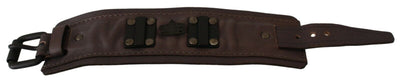 Brown Leather Branded Wide Buckle Closure Bracelet