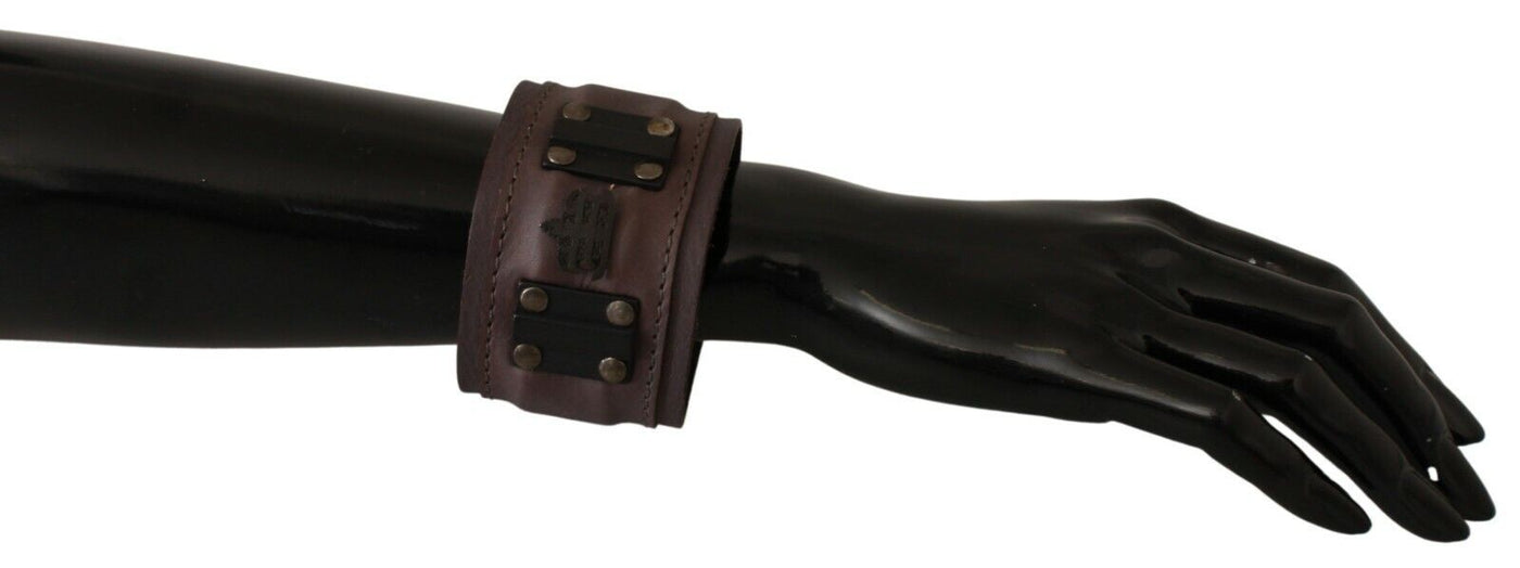 Brown Leather Branded Wide Buckle Closure Bracelet