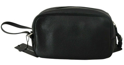 Black Leather Hand Men Toiletry Pouch Wristlet Bag