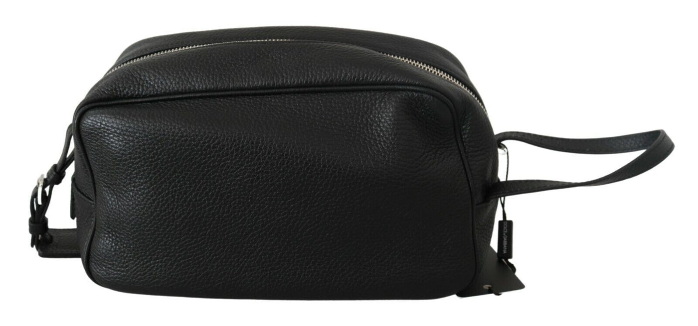 Black Leather Hand Men Toiletry Pouch Wristlet Bag