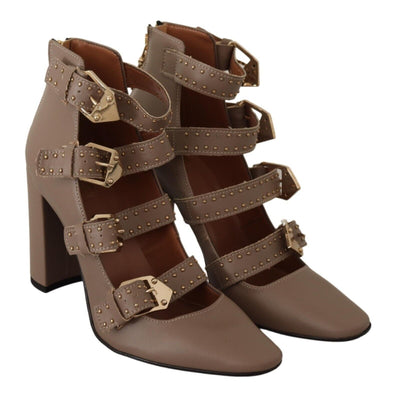 Brown Leather Block Heels Multi Buckle Pumps Shoes