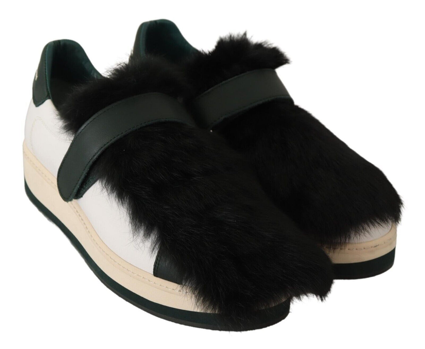 White Leather Black Fur Low Top Sneakers Shoes