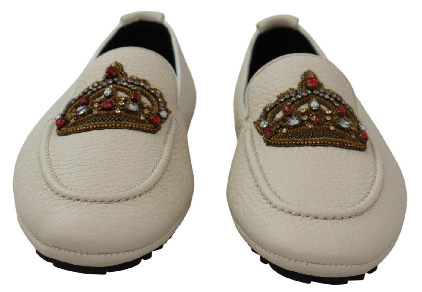 Beige Leather Crystal Crown Loafers Shoes