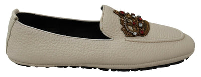 Beige Leather Crystal Crown Loafers Shoes