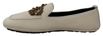 Beige Leather Crystal Crown Loafers Shoes