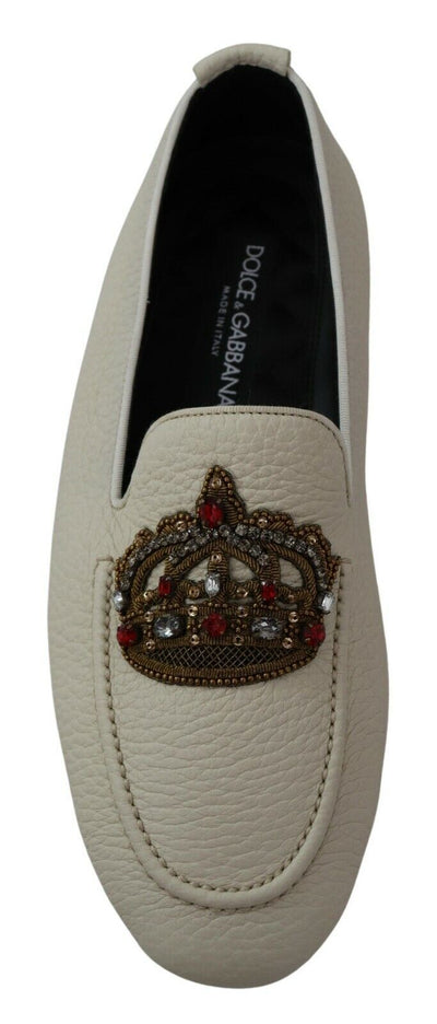 Beige Leather Crystal Crown Loafers Shoes