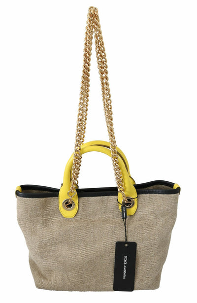 Beige Gold Chain Strap Shoulder Sling Purse Tote Bag