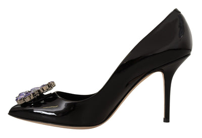 Black Patent Leather Crystal Heels Shoes