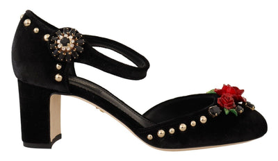 Black Velvet Roses Ankle Strap Pumps Shoes