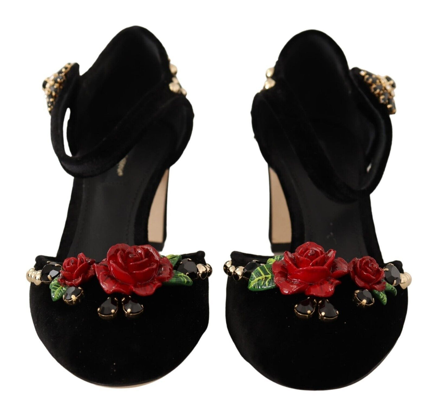 Black Velvet Roses Ankle Strap Pumps Shoes