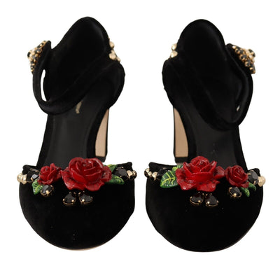 Black Velvet Roses Ankle Strap Pumps Shoes