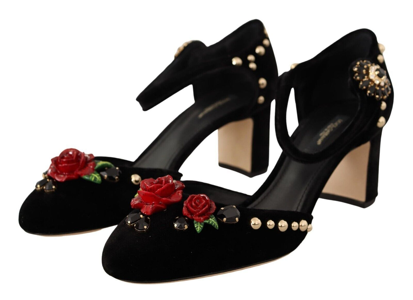 Black Velvet Roses Ankle Strap Pumps Shoes