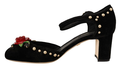 Black Velvet Roses Ankle Strap Pumps Shoes