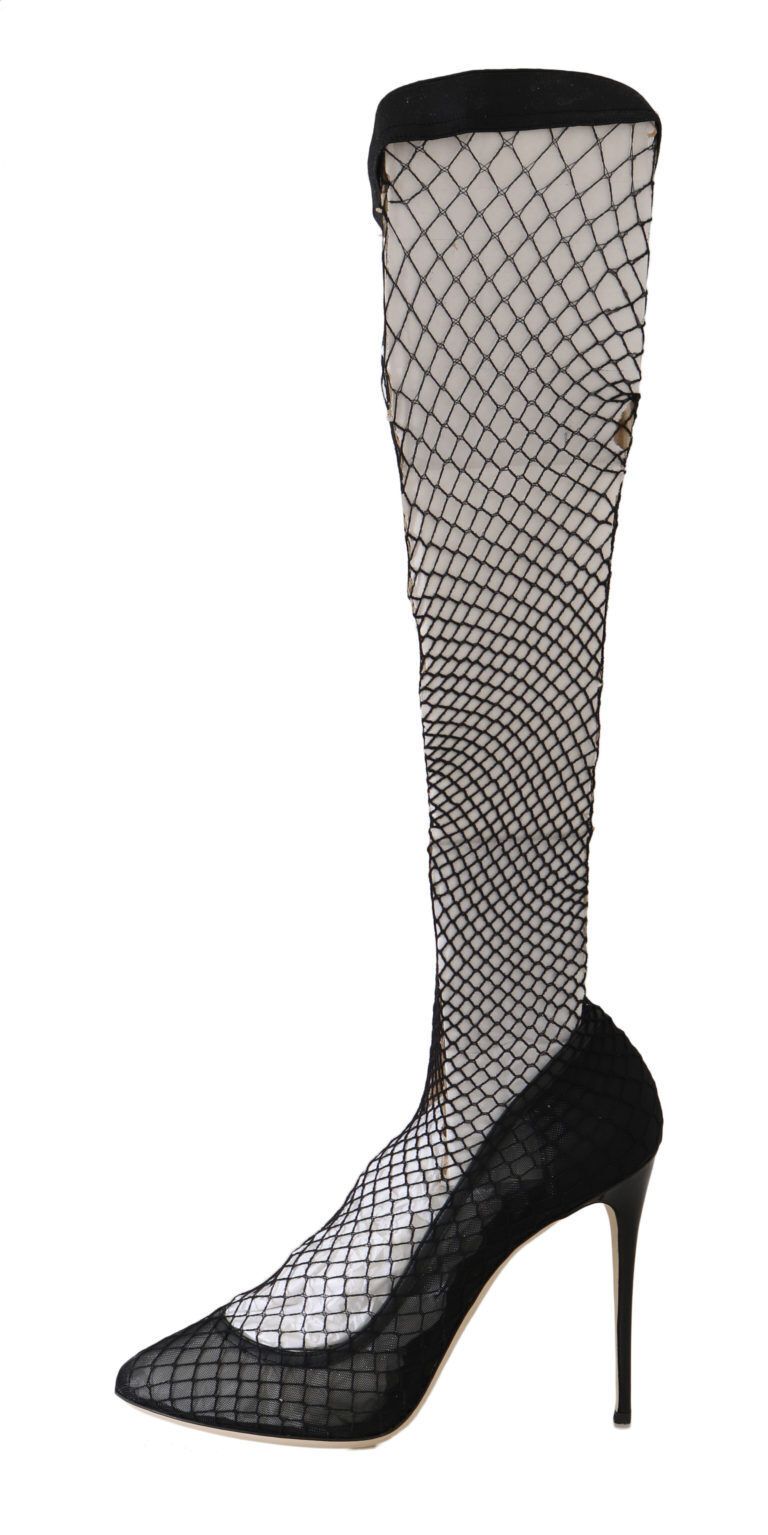 Black Netted Sock Heels Pumps Shoes