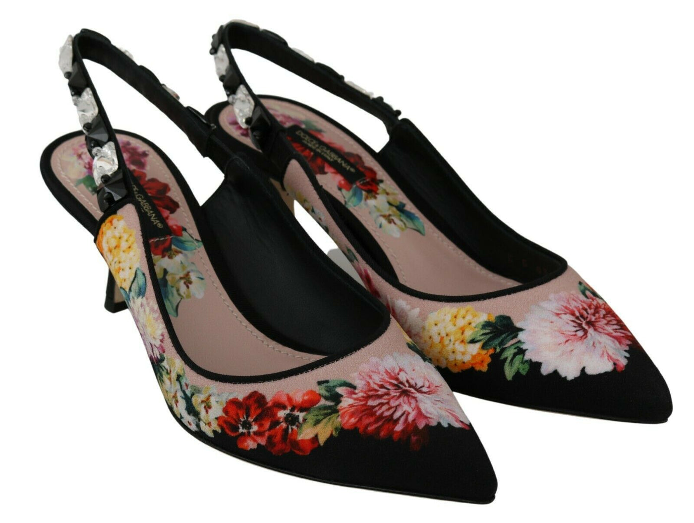 Black Floral Crystal Heels Slingbacks Shoes