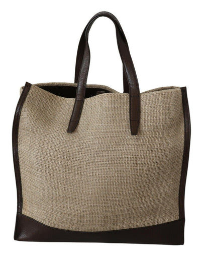 Beige Brown Leather Hand Tote Shopping Bag