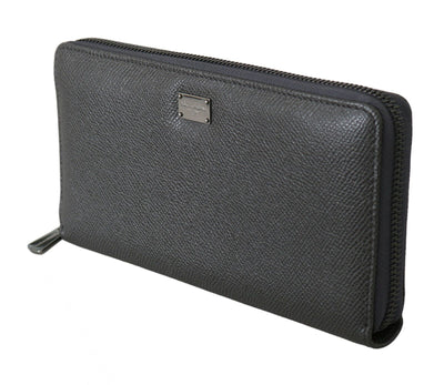 Gray Leather Zipper Continental Bill Card Coin Wallet