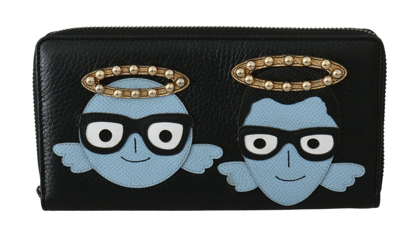 Black Blue Leather #DGFAMILY Zipper Continental Wallet