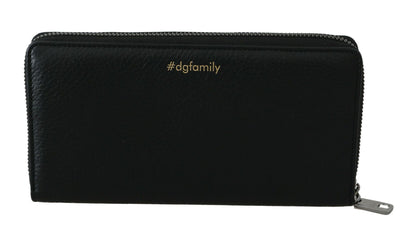 Black Blue Leather #DGFAMILY Zipper Continental Wallet