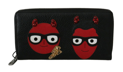 Black Red Leather #DGFAMILY Zipper Continental Wallet