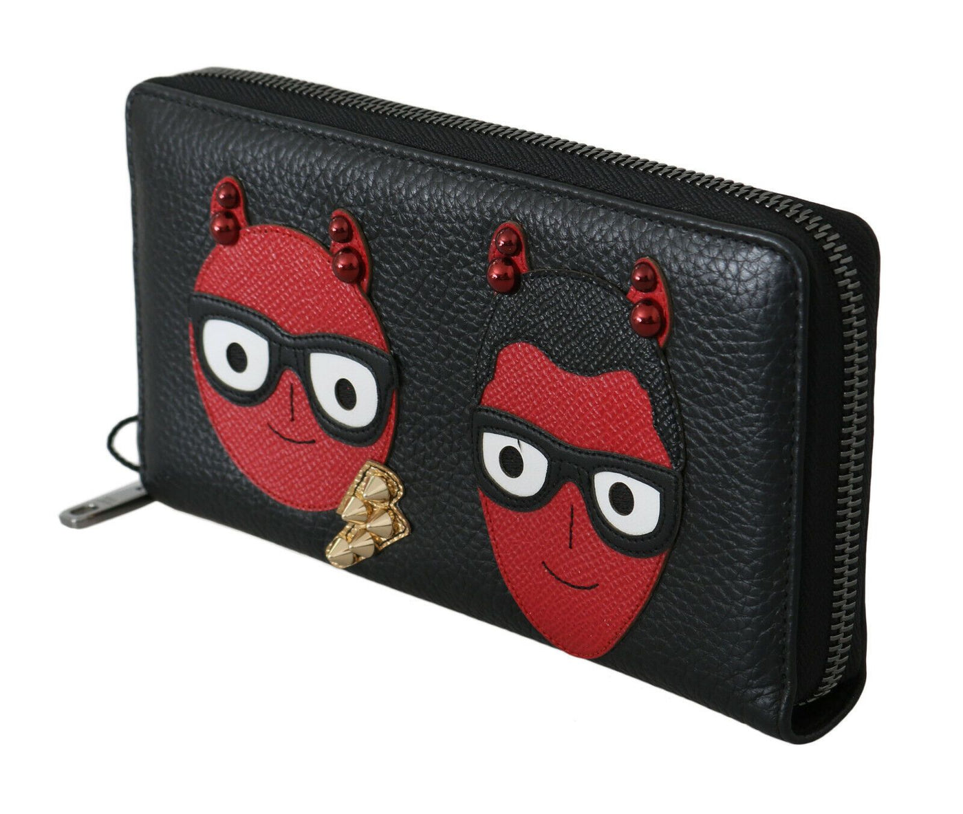 Black Red Leather #DGFAMILY Zipper Continental Wallet