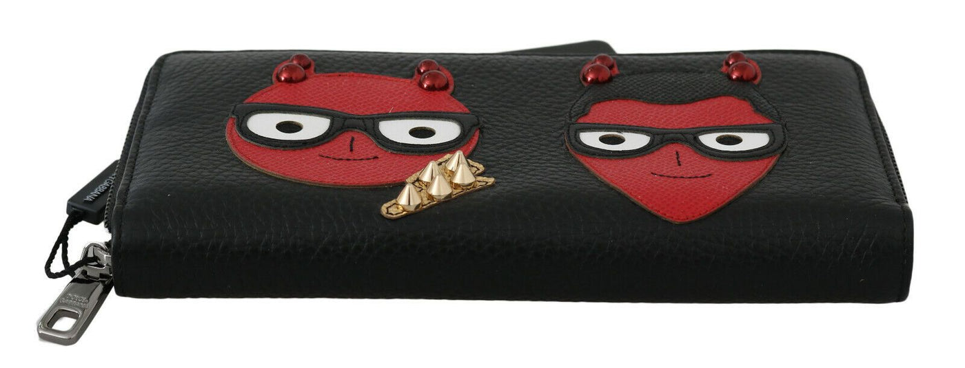 Black Red Leather #DGFAMILY Zipper Continental Wallet