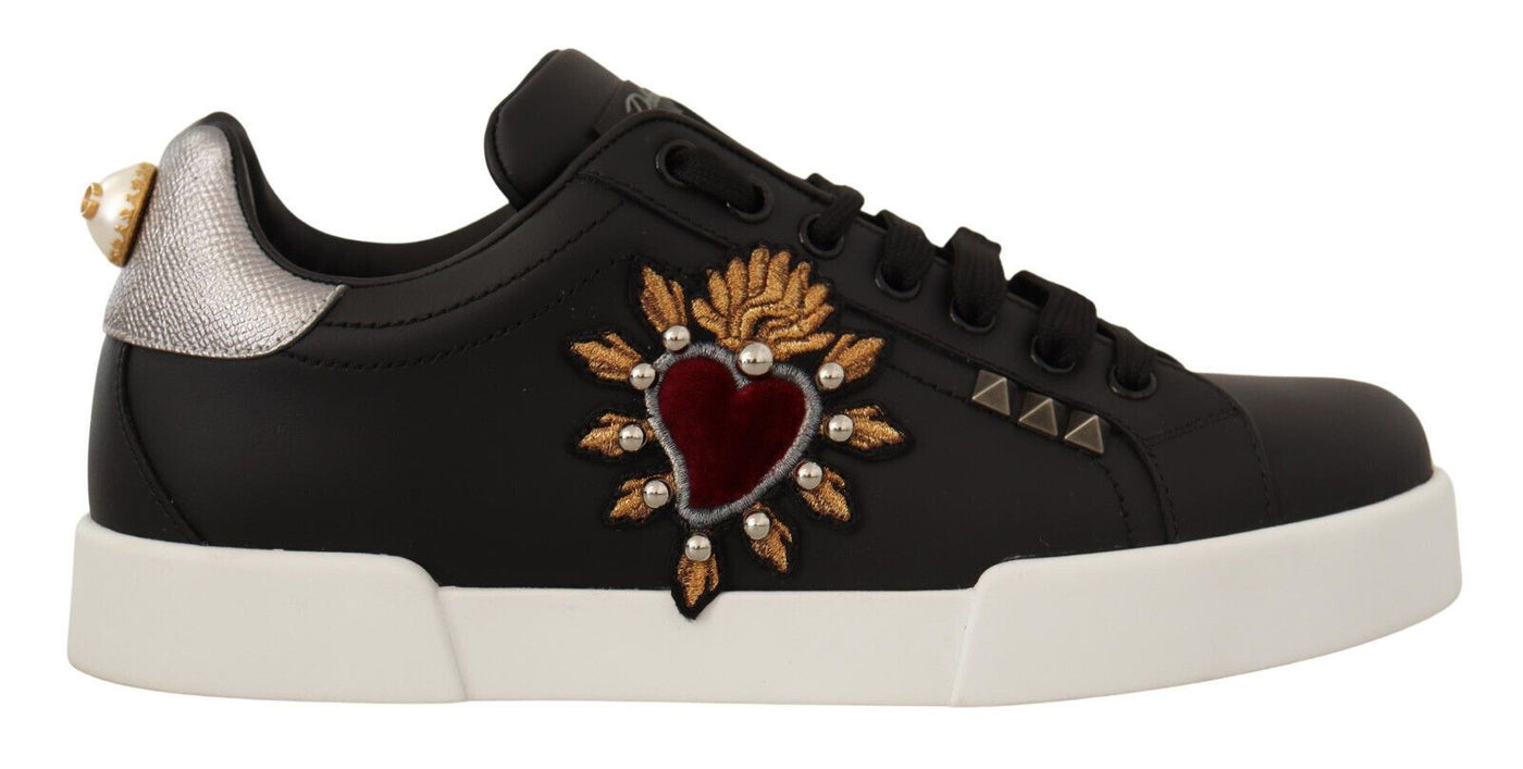 Black Leather Red Heart Casual Sneakers