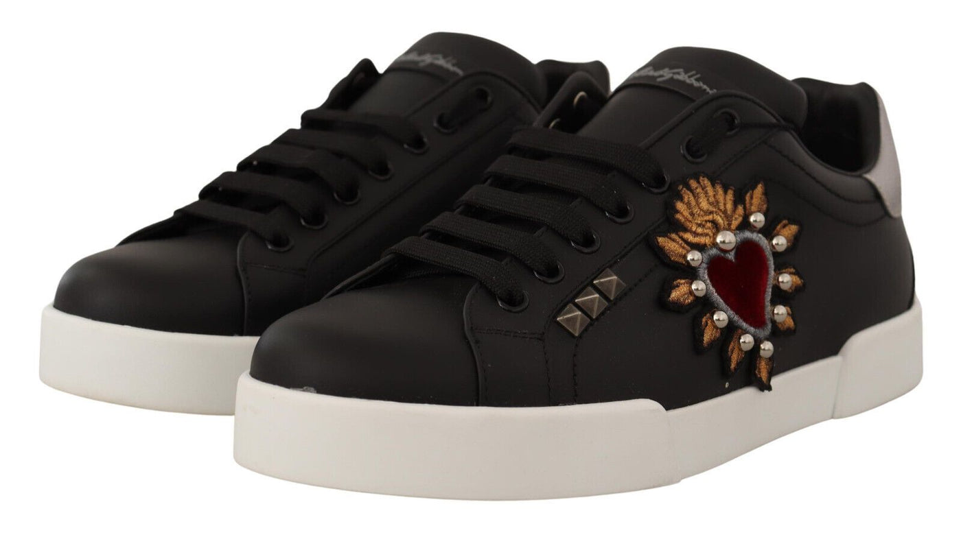 Black Leather Red Heart Casual Sneakers