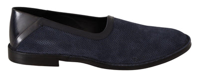 Blue Leather Perforated Slip On Loafers