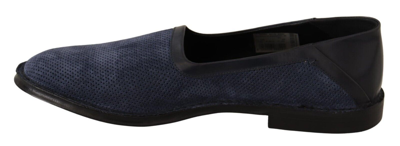 Blue Leather Perforated Slip On Loafers