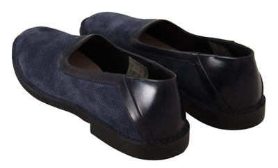 Blue Leather Perforated Slip On Loafers