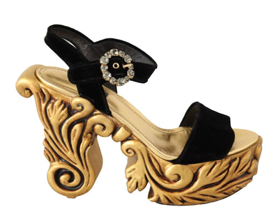 Black Gold Baroque Velvet Heels Crystal Shoes