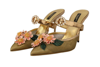 Gold Crystal Floral Decor Heels Sandals Shoes