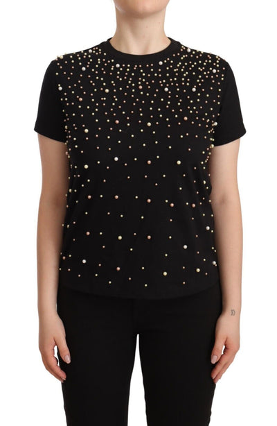 Black Cotton Short Sleeves Embellished T-shirt Jersey Top