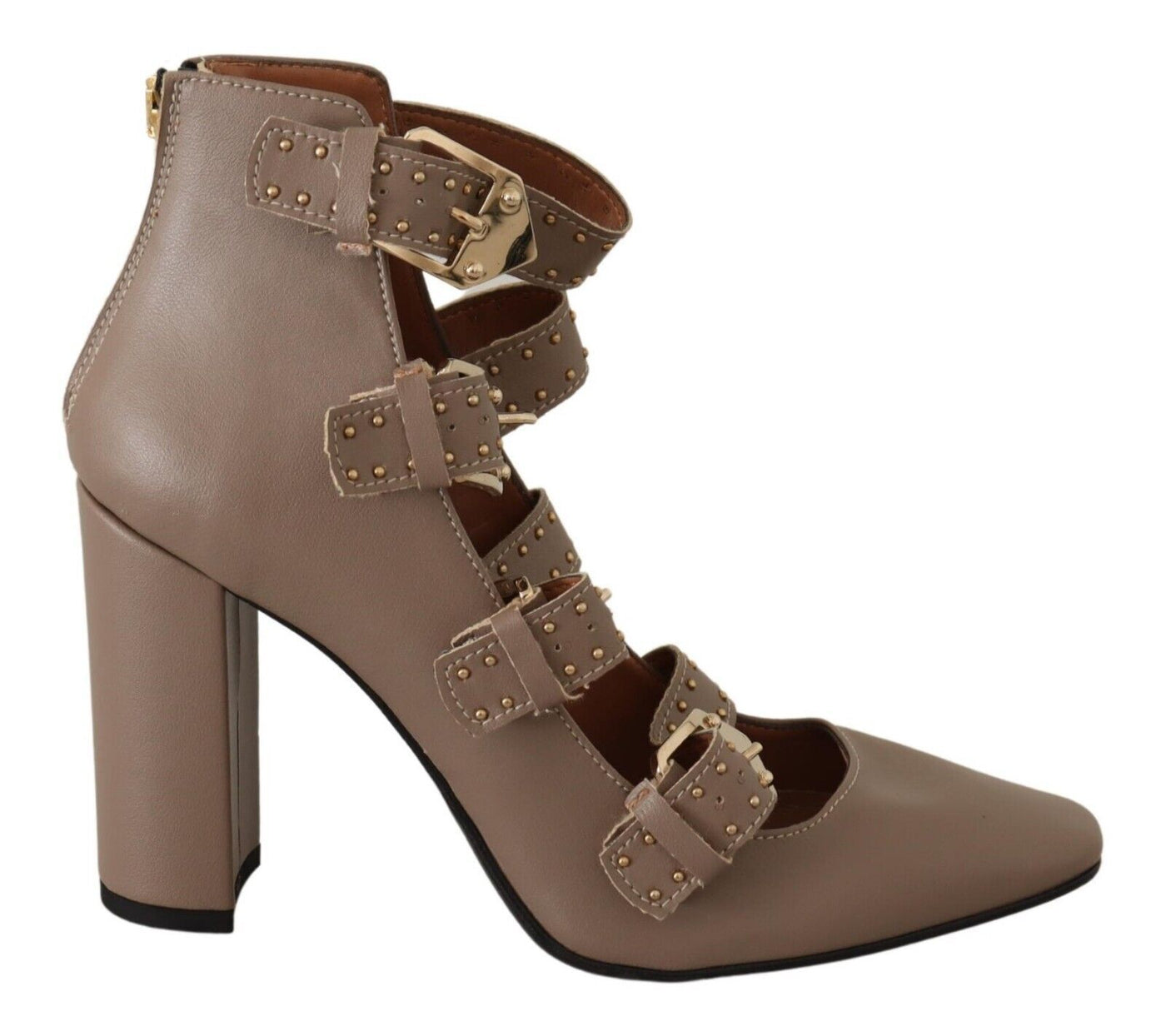 Brown Leather Block Heels Multi Buckle Pumps Shoes