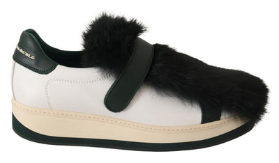 White Leather Black Fur Low Top Sneakers Shoes