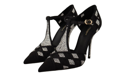 Black Crystals T-strap Heels Pumps Shoes