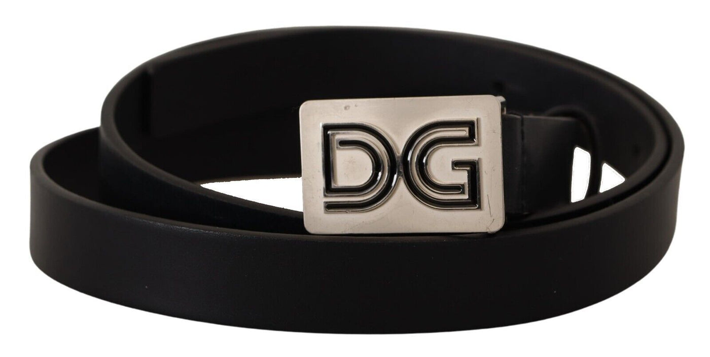 Black Leather Silver DG Logo Buckle Belt