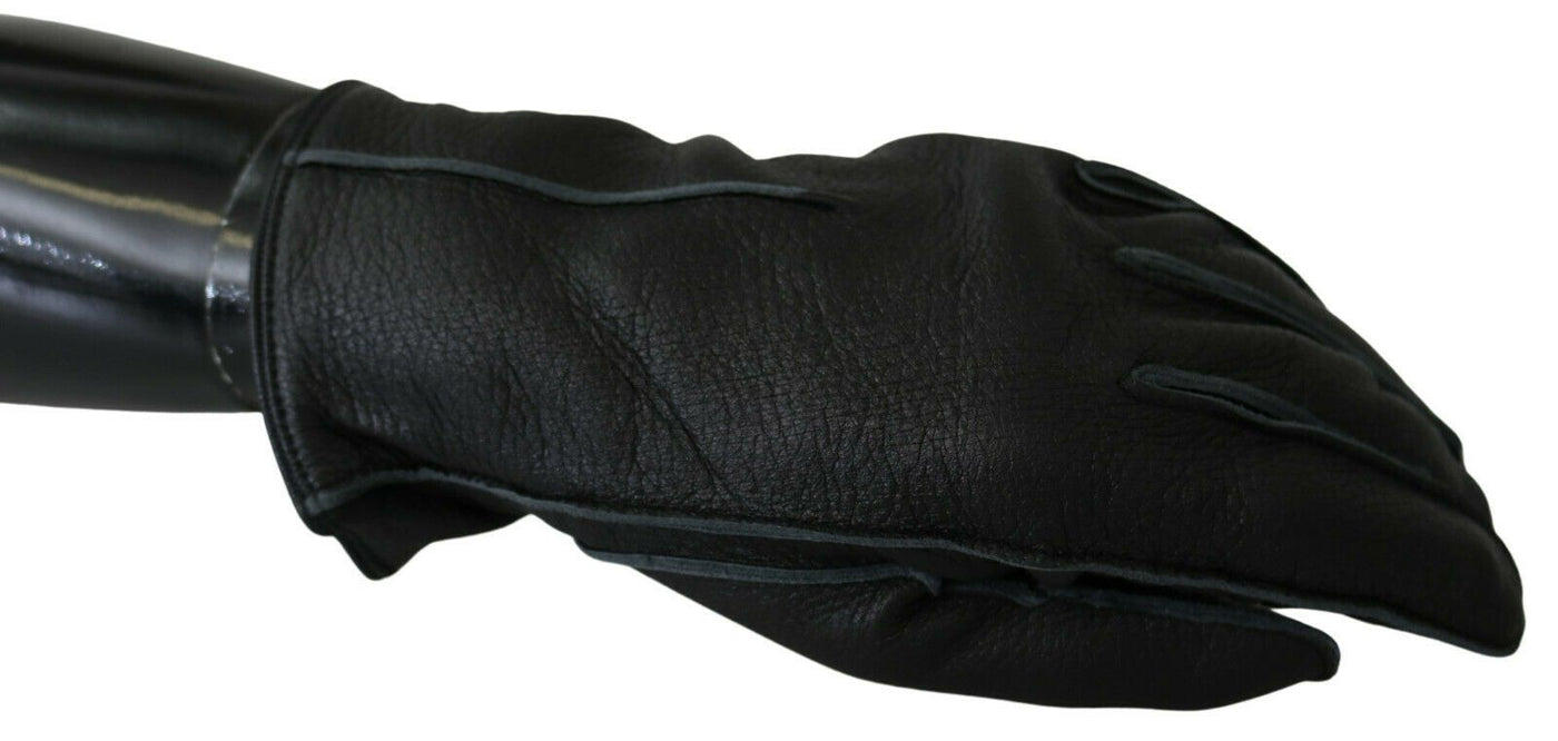 Black Leather Deer Skin Biker Mitten Gloves