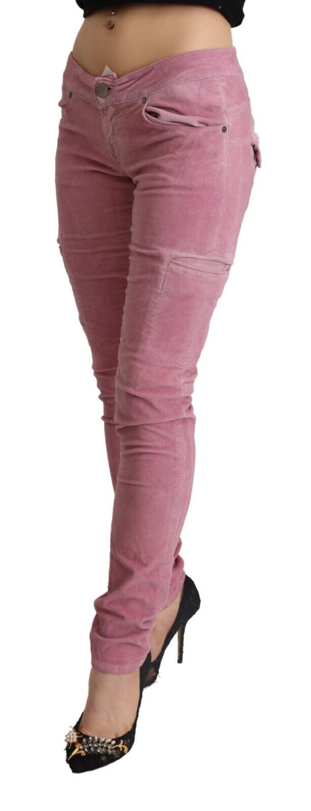 Pink Cotton Low Waist Skinny Denim Cargo Jeans