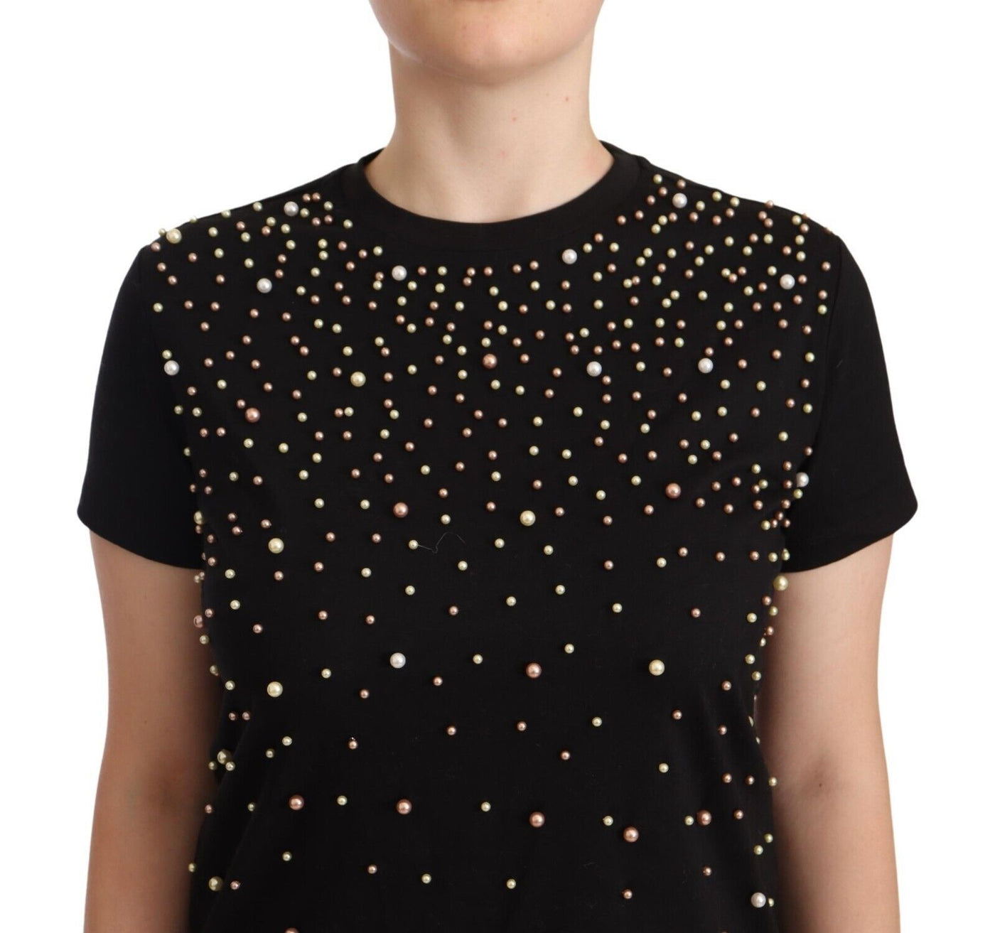 Black Cotton Short Sleeves Embellished T-shirt Jersey Top