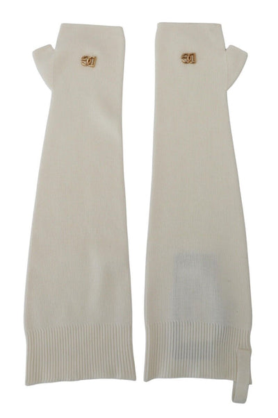 White Fingerless Elbow Length Wool Knit Gloves