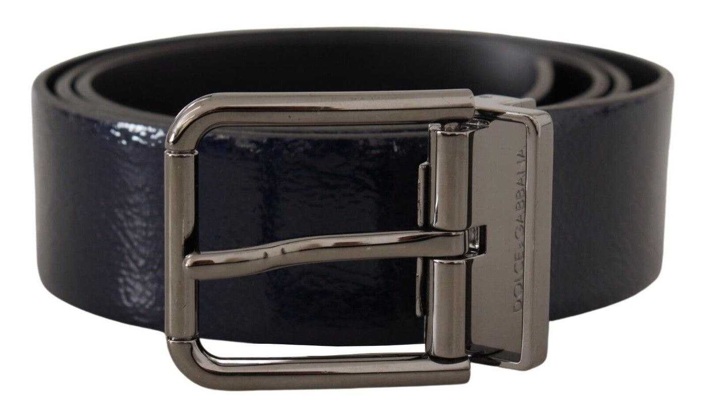 Blue Patent Leather Vernice Silver Logo Buckle Belt