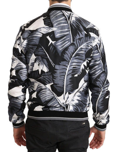 Black Silk Banana Leaf Print Bomber Jacket